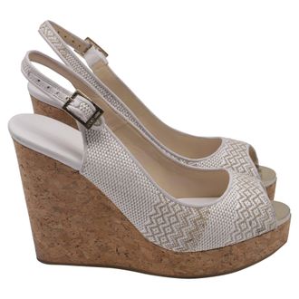 Jimmy Choo London Slingback Peep Toe Wedges Sandals in White Raffia