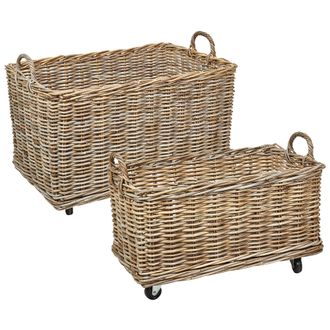 Beliani Beliani - Conjunto De 2 Cestas De Rat&aacute;n Marco De Ruedas De Goma De Pl&aacute;stico Asas Hecho A Mano Estilo Boho Natural Kitim