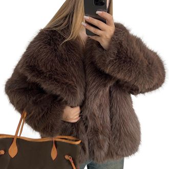 Generic Flygo Womens Faux Fur Coat Fluffy Faux Fur Jacket Long Sleeve Lapel Furry Winter Jackets Shaggy Parka Short Coat, Brown, M