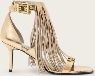 AllSaints Cow Leather Paola Fringed Metallic Leather Heeled Sandals, Size: UK 6/US 9/EU 39