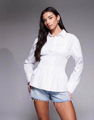 KAIIA Esclusiva Kaiia - Camicia sartoriale bianca in misto cotone con vita stretta arricciata-Bianco