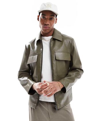 River Island faux leather shacket in dark khaki-Green