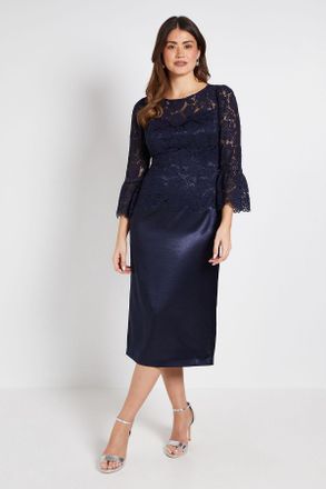Wallis Womens LACE RUFFLE SLEEVE PENCIL DRESS - Navy Cotton - Size 22 UK