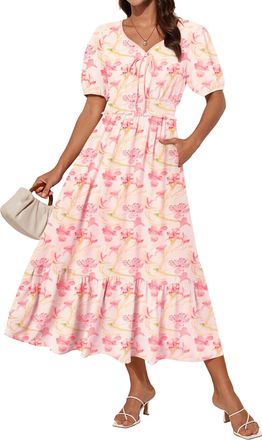 Grace Karin Women Elegant Midi Floral Dress Short Sleeve V Neck Summer Dress A-line Party Light Pink Flower XXL