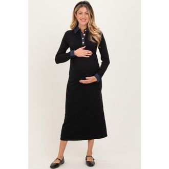 Pinkblush Denim Trim Knit Dress in Black at Nordstrom, Size Medium