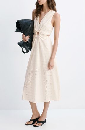 Mango Openwork Cotton Cutout Midi Dress in Ecru at Nordstrom, Size 10