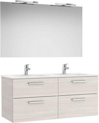 Roca Roca - Pack Mueble De 4 Cajones + Lavabo Doble + Espejo + Apliques Led Victoria Color: Fresno N&oacute;rdico