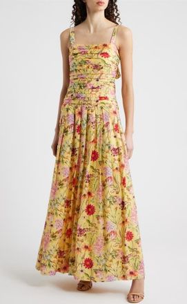 Julia Jordan Pleated Floral Print Sleeveless Gown in Yellow Multi at Nordstrom, Size 14