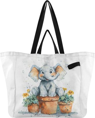 Generic Elephant Flowers pattern Reusable Canvas Tote Bag, Heavy Duty Grocery Shopping Bag with Hard Bottom Double Handles Large Capacity Work Groceries Trave