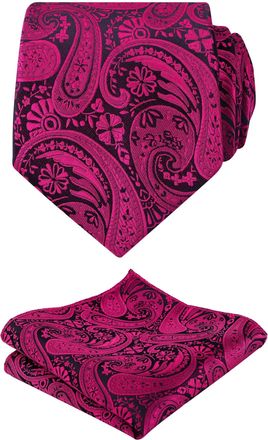 Alizeal Mens Paisley Tie and Hanky Formal Casual Classic Wedding Business Necktie and Pocket Square Set, Black+Hot Pink