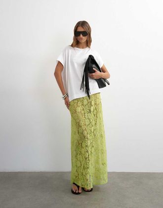 Topshop Gonna lunga verde decorata in pizzo a fiori