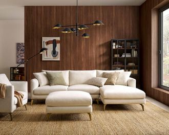 Castlery Lena Chaise Sectional Sofa with Ottoman, Cream Fabric, Brass Legs, Spill-Resistant, Removable Covers for Living Room