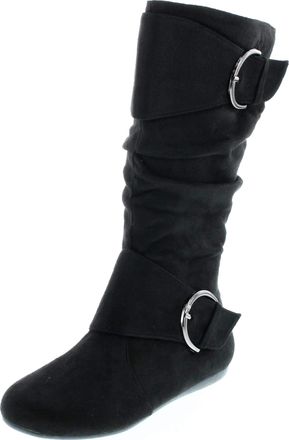 Forever Link Womens Klein-70 Closed Round Toe Buckle Slouch Flat Heel Mid-Calf Boot, Black, 8 UK