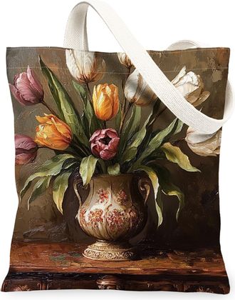 Generic Spring Farmhouse Tulip Canvas Tote Bag for Shopping 13x15, Rustic Farm Floral Reusable Grocery Print Pattern Bag for Women Men, Country Flower Aesthet