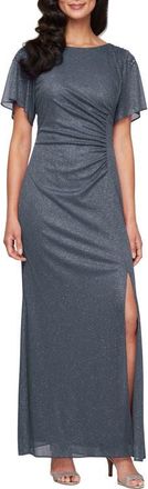 S.L. Fashions Sparkle Embellished Shoulder Gown in Smoke at Nordstrom, Size 16