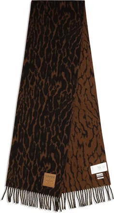 Ganni Leopard Print Wool Scarf - Brown