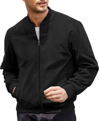 Generic Bomber Jacket Men Smart Casual Suede Jackets Fashion Solid Color Cardigan Coats Lightweight Long Sleeve Coat Outwear With Zipper