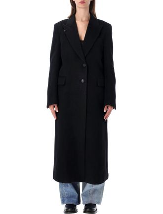 Our Legacy Tailored Long Black Coat With Notched Lapel And Flap Pockets