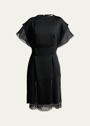 Lanvin Cap-Sleeve Studded Satin Paneled Midi Dress