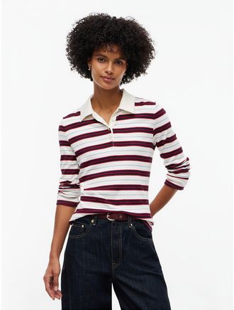 Tommy Hilfiger Womens Slim Fit Striped Rib-Knit Polo - Ivory Silk Multi - XL