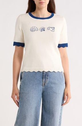 Lucky Brand Shell Embroidered Short Sleeve Cotton Blend Sweater in Gardenia at Nordstrom Rack, Size X-Small