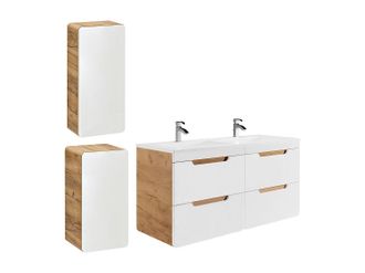 Vente-Unique Mueble de ba&ntilde;o suspendido con lavabo encastrado y dos columnas - 120 cm - Color natural y blanco - ARUBA