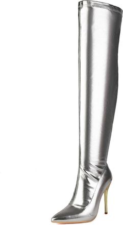Generic Womens Sexy High Heel Over The Knee Boots Pointed Toe Thigh High Boot with Zipper PU Leather Party Prom Shoes,Silver,7.5 UK