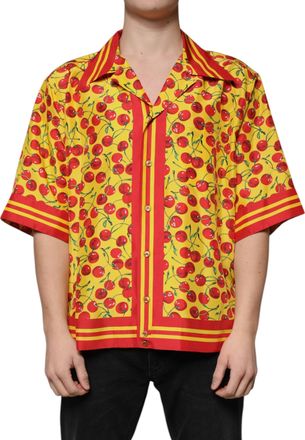 Dolce & Gabbana Mens Yellow Cherry Button Down Silk Casual Shirt