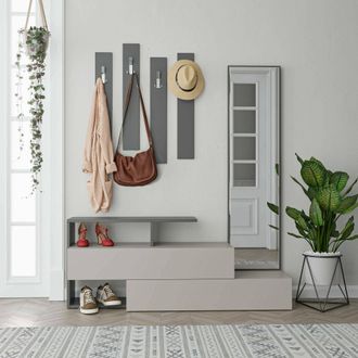 Dmora Mobile Da Ingresso Ascari, Entratina Appendiabiti, Composizione Per Atrio, Consolle Portaoggetti Multifunzione, 137x35h55 Cm, Tortora E Antracite - Dm