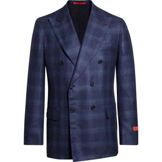 Isaia Double Breasted Cashsilk Jacket in Navy 810 at Nordstrom, Size 40 Us