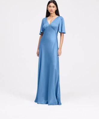 Ghost London Arabella Angel Sleeve Satin Maxi Dress in Chambray Blue at Nordstrom, Size 12