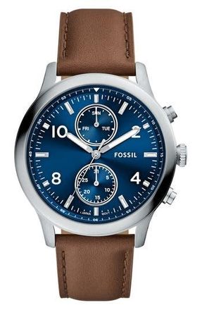 Fossil Bennett Multifunction Leather Strap Watch, 45mm in Silver at Nordstrom Rack