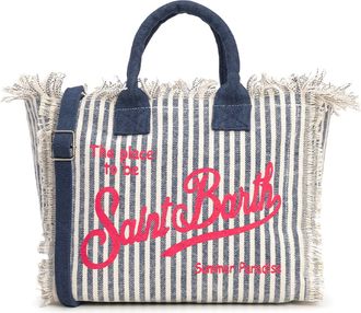 MC2 Saint Barth Striped Canvas Tote Bag with Fringed Edges and Bold Logo