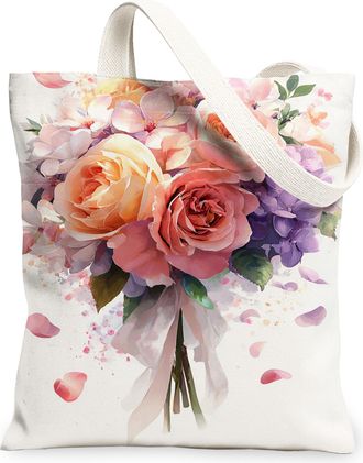 Generic Floral Canvas Tote Bags, Elegant Flower Design Reusable Grocery Bags, Vintage Lightweight Washable Shoulder Strap Canvas Fo, White, 13x15 Inch