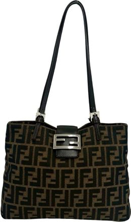 Fendi Black Brown Canvas Leather Shoulder Bag Tote Bag (Pre-Owned)