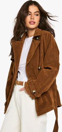 Boohoo Womens Suede Look Short Belted Trench Coat - Brown - Size 12 UK