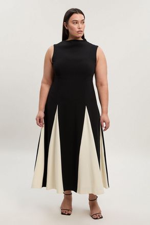 Karen Millen Womens Plus Size Compact Stretch Tailored Colour Block Full Skirted Midi Dress - Monochrome Multi - Size 18 UK