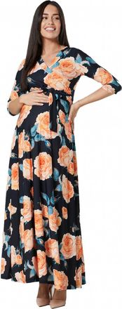 Happy Mama Womens Maternity Empire Wrap Maxi Nursing Dress 608 (Large Orange Roses, UK 14, XL)