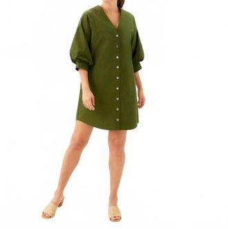 Karen Kane Lantern Sleeve Button-Front Dress In Olive