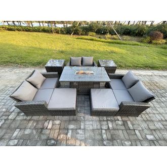 Fimous High Back Rattan Garden Furniture Sofa Sets with Outdoor Furniture Gas Firepit Dining Table Set 2 Big Footstool 2 Side Tables Dark Grey Mixed - Fimous