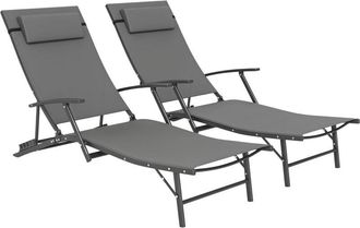 OUTSUNNY Set of 2 Garden Sun Loungers, Folding Chaise Lounge Chairs, Grey