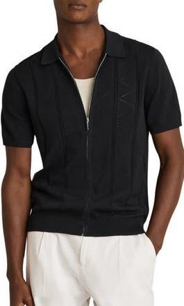 Reiss Tay Pointelle Knit Short Sleeve Zip-Up Shirt in Navy at Nordstrom Rack, Size Xx-Large