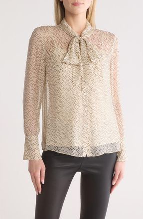 Theory Tie Neck Silk Button-Up Shirt in Oatmeal Multi at Nordstrom Rack, Size Petite