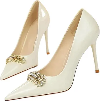 Generic Womens Patent Leather High Heel Pumps Crystal Detail Wedding Party Dress Shoes White