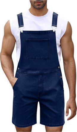 Generic Mens Denim Overalls Bibs and Brace Dungarees Zipper Pocket Short Jumpsuit Solid Color Casual Jeans Shorts Work Coveralls