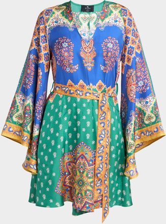 Etro Paisley Silk Belted V-Neck Mini Dress