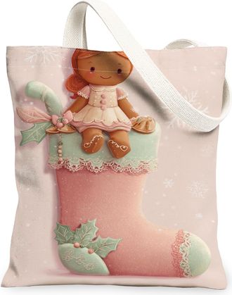 Generic Christmas Canvas Tote Bags, Cute Doll Stocking Design Reusable Bags, Winter Vintage Lightweight Washable Shoulder Strap Can, Peach, 13x15 Inch
