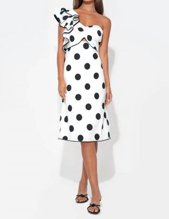 Adelyn Rae Cailyn One Shoulder Ruffle Linen Dot Midi Dress In White/black