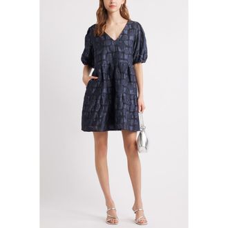 Chelsea28 Puff Sleeve Jacquard Tiered Minidress in Navy at Nordstrom Rack, Size Xx-Small