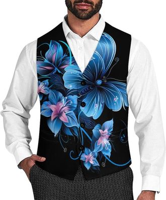 Generic Fashion Butterfly Printed Mens Vest V-neck Suit Waistcoats Wedding Tuxedo Vests 2XL